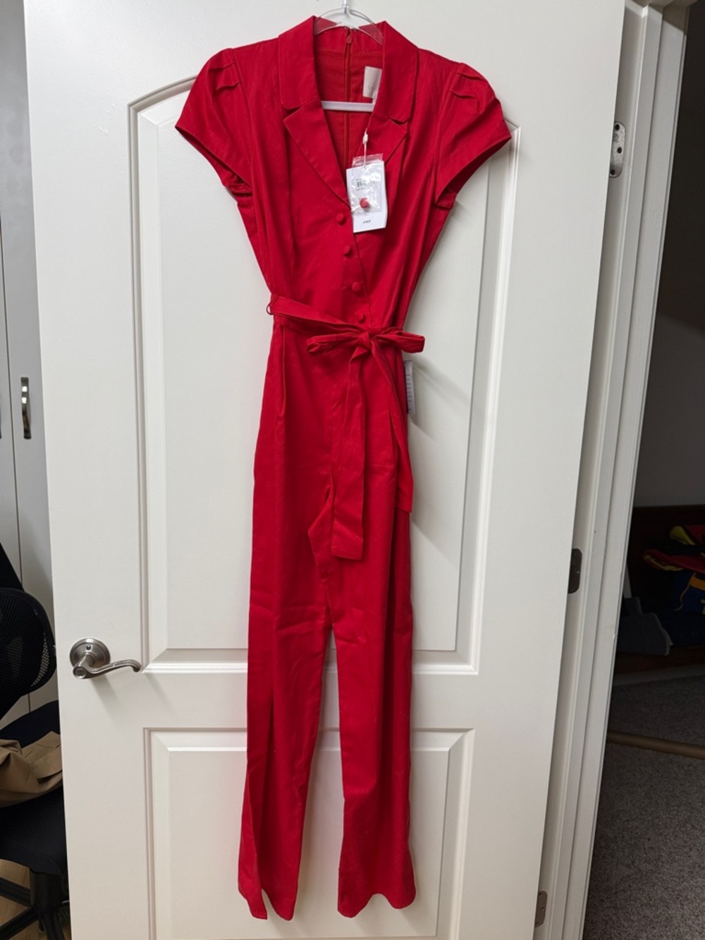 Gal Meets Glam Red Button-Front Jumpsuit with Tie Waist